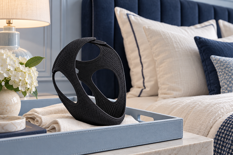 RestHaven editorial image: luxury navy headboard, ivory linen and strap on pale blue bedside tray.