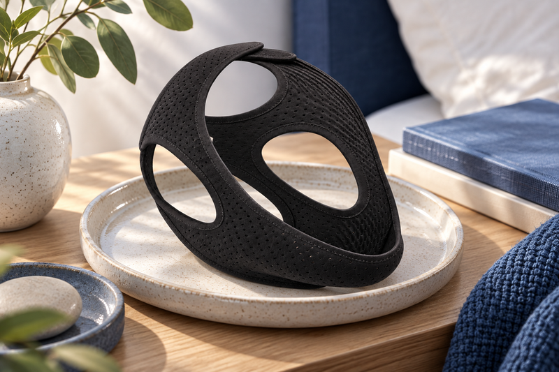 RestHaven editorial image: black strap on a shallow ceramic tray away from water.
