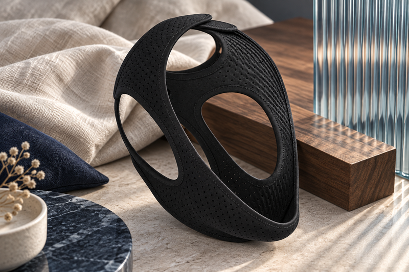 RestHaven editorial image: black perforated strap against linen, matte wood and ribbed glass.