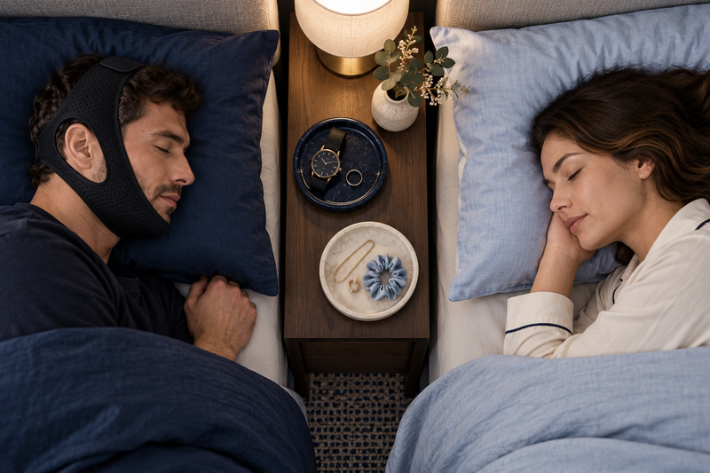 RestHaven editorial image: narrow table between two pillows with two separate accessory dishes.