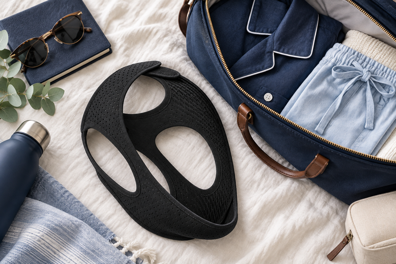 RestHaven editorial image: strap beside an open small weekend bag with blue pajamas.