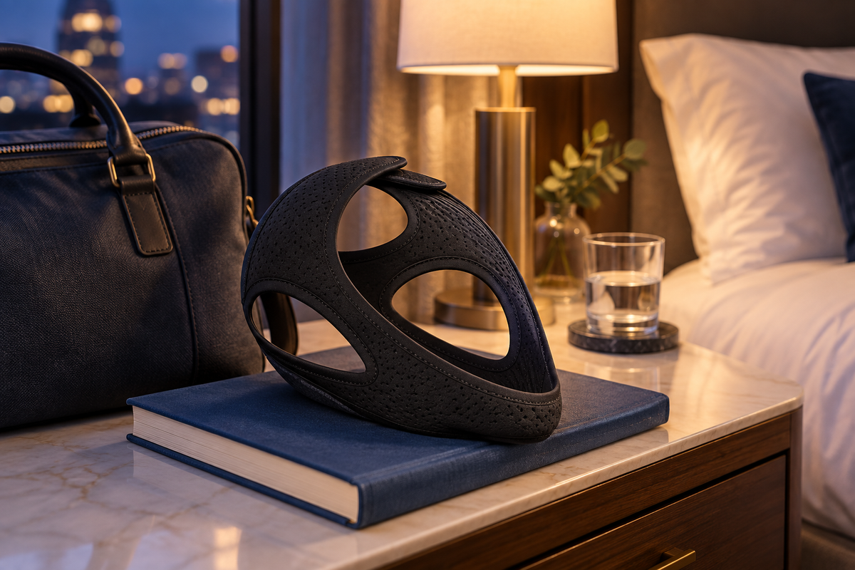 RestHaven editorial image: strap and book on a hotel nightstand beside a travel bag.