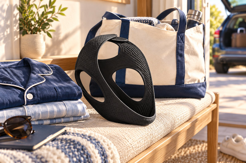 RestHaven editorial image: strap, folded pajamas and travel tote on a home bench before departure.