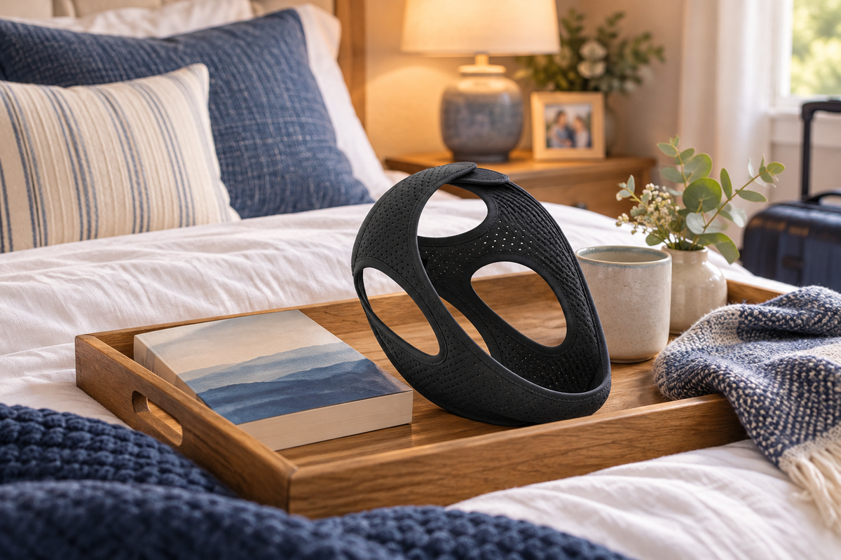 RestHaven editorial image: guest bed with a small personal tray, strap and paperback.