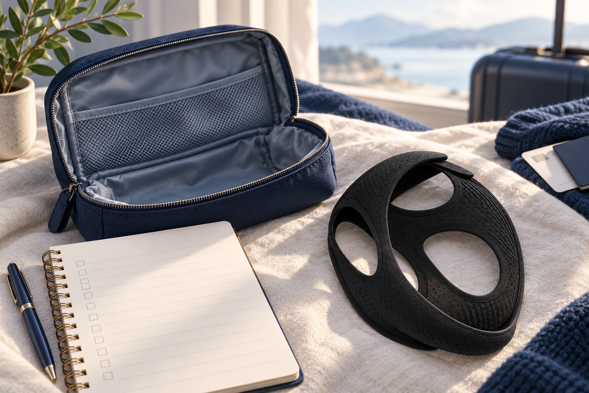 RestHaven editorial image: open travel pouch empty beside a handwritten blank packing page.