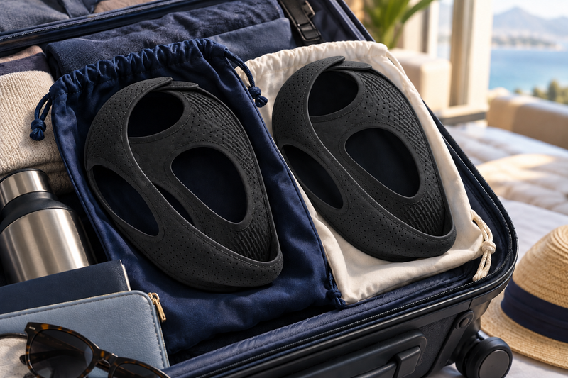 RestHaven editorial image: two distinct straps packed in separate clean pouches in a bag.