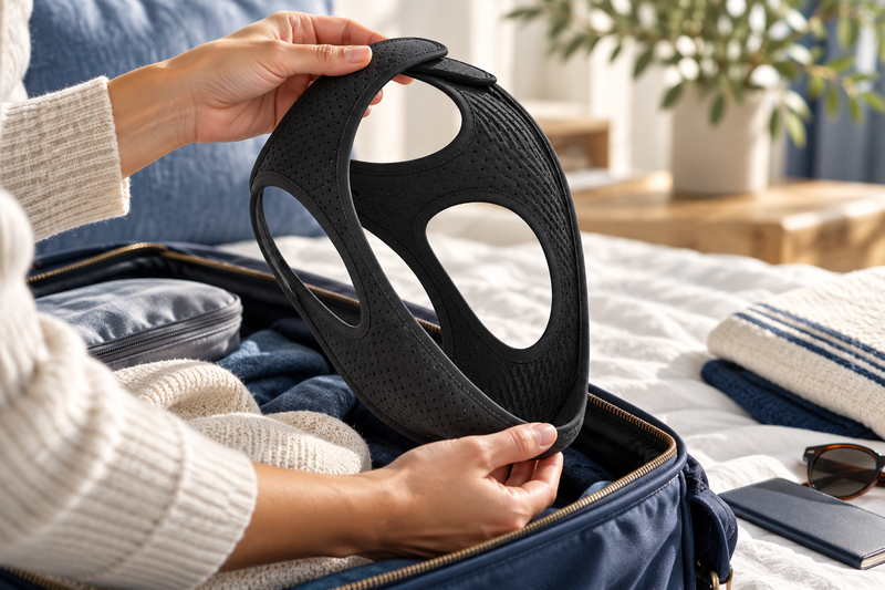 RestHaven editorial image: hands lifting strap from travel bag onto fresh ivory linen.
