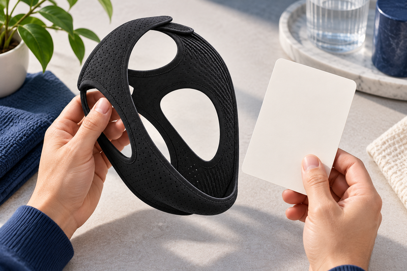 RestHaven editorial image: hands holding strap beside a plain care card without readable text.