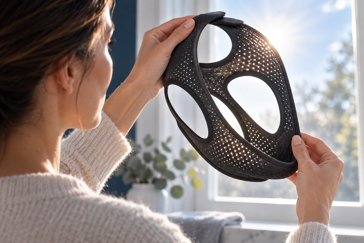 RestHaven editorial image: adult holding strap to window light to inspect seams.