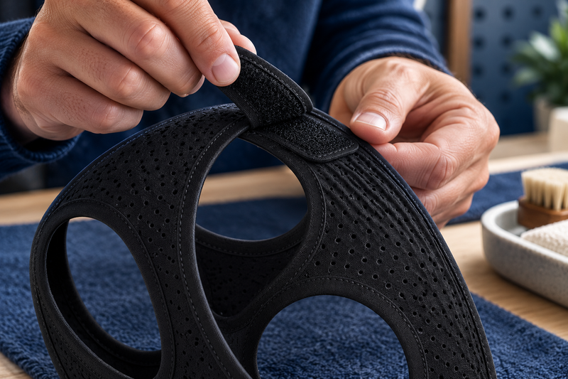 RestHaven editorial image: extreme close view of fastening tab gently being separated.