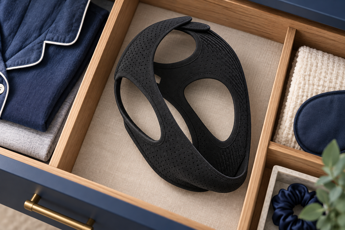 RestHaven editorial image: strap resting loosely in a spacious drawer compartment.