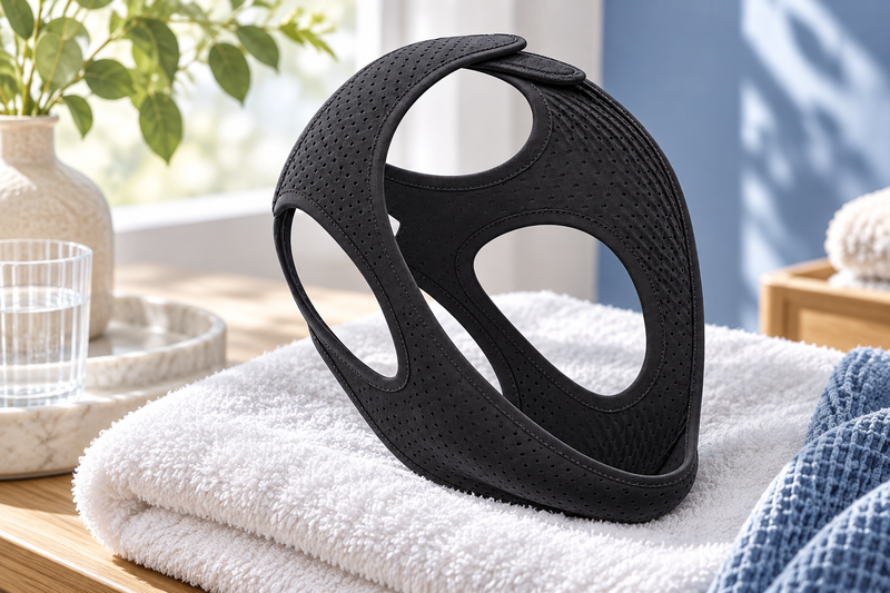 RestHaven editorial image: strap resting openly on clean dry towel near indirect daylight.