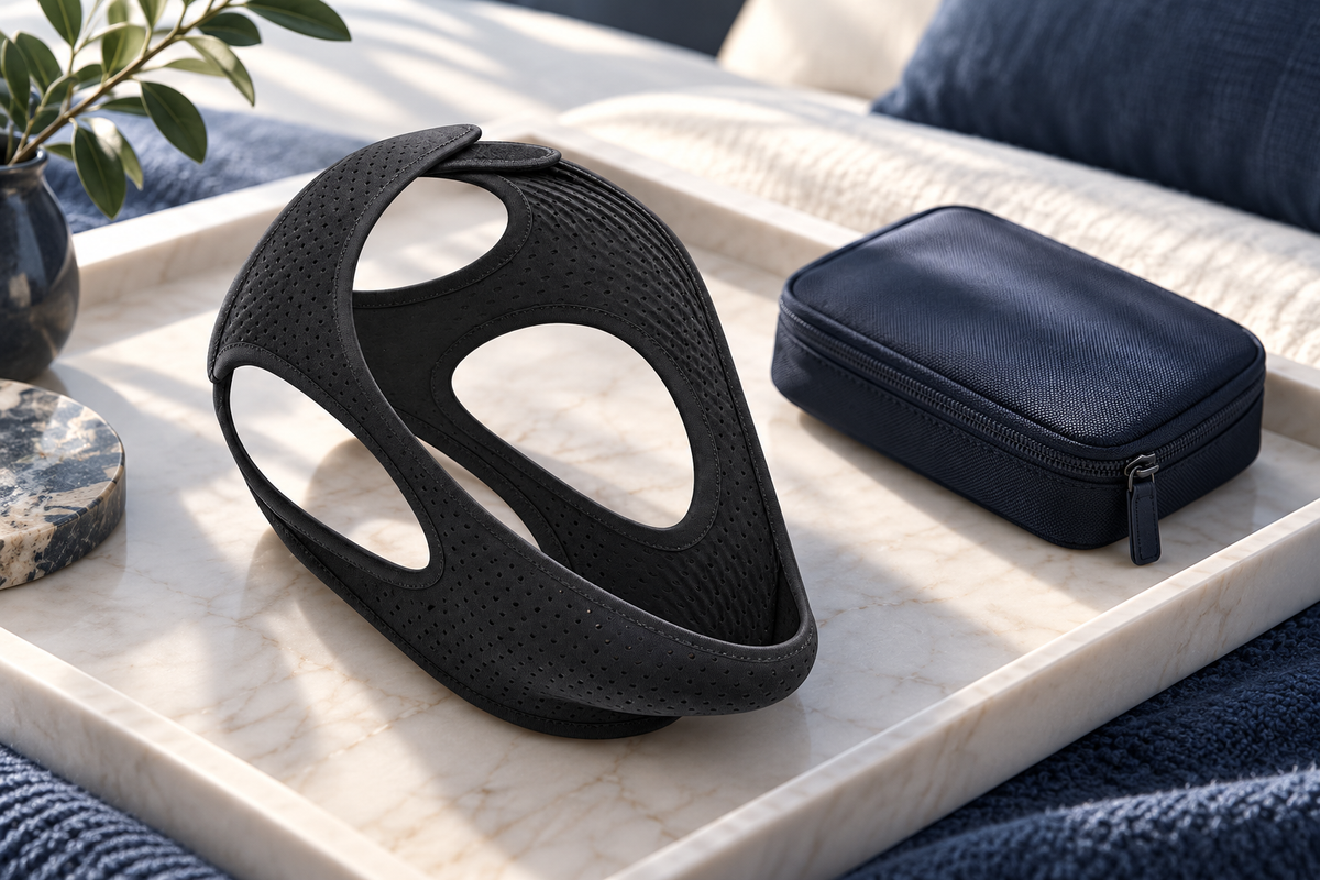 RestHaven editorial image: strap on smooth tray beside a separated zippered pouch.