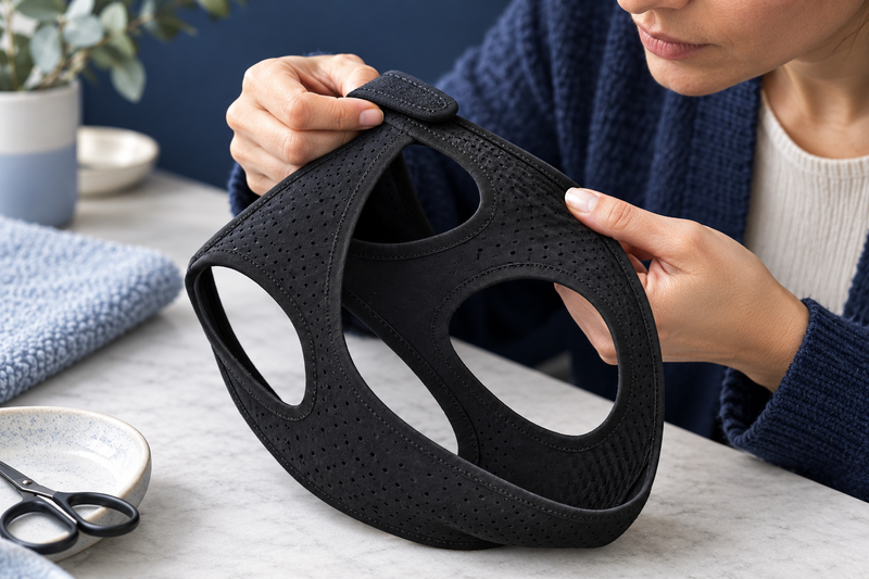 RestHaven editorial image: hands examining a strap seam over a neutral work surface.