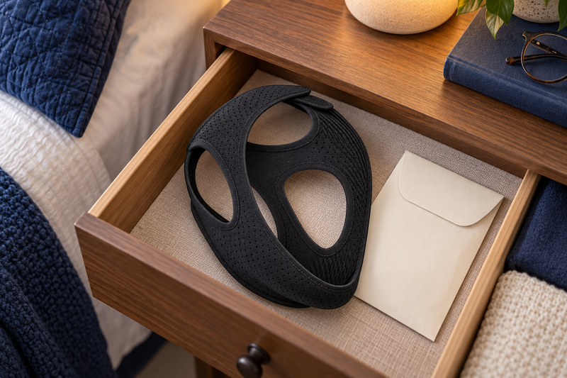 RestHaven editorial image: strap and instruction envelope in tidy bedside drawer.