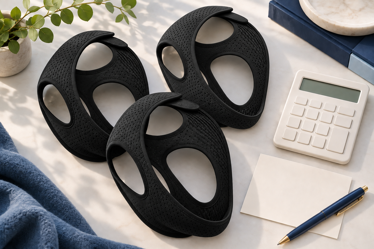 RestHaven editorial image: three straps beside a simple blank calculator and paper card.