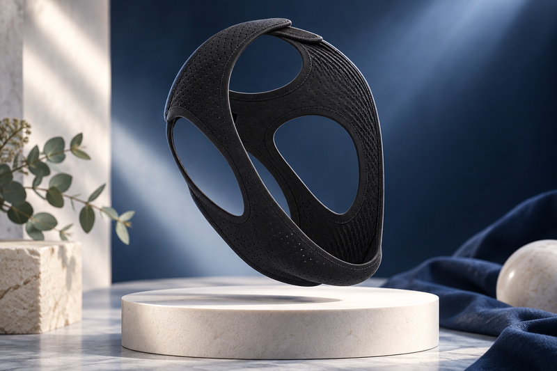 RestHaven editorial image: one strap floating centered above an ivory oval pedestal.