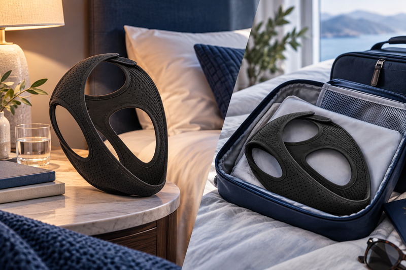 RestHaven editorial image: two straps with one at bedside and one in open travel pouch.
