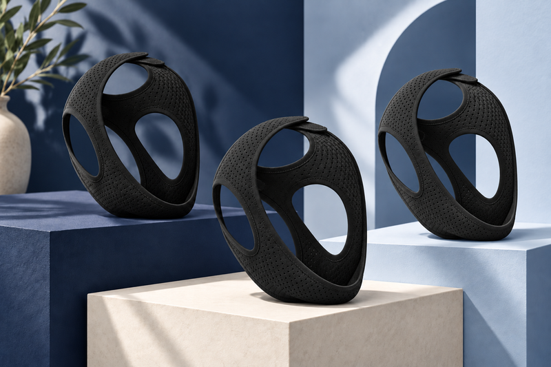 RestHaven editorial image: three straps on separate sculptural steps in navy and pale blue.