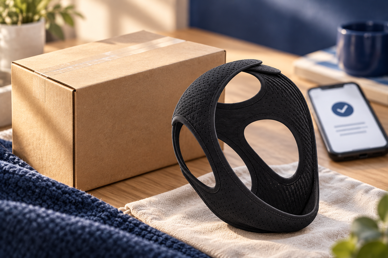 RestHaven editorial image: unbranded closed shipping box next to strap and a blurred phone confirmation.