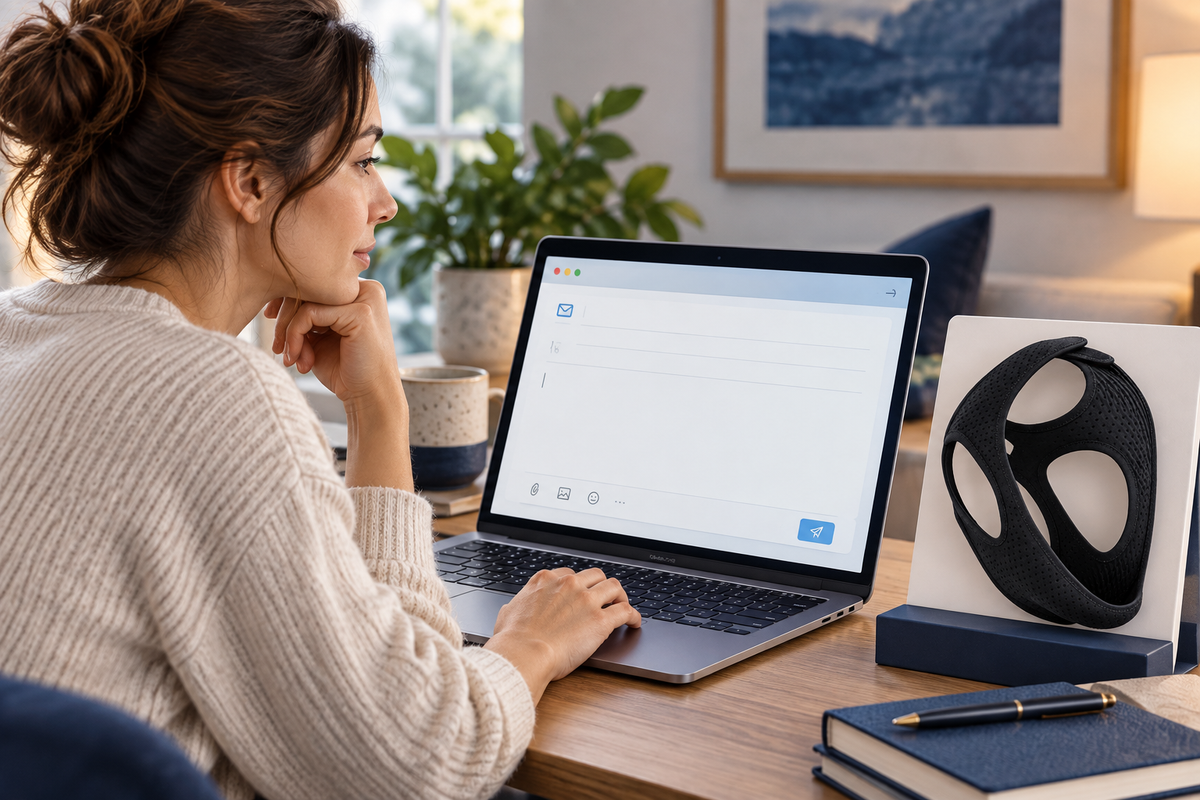 RestHaven editorial image: laptop with blank email window and strap product card beside it.
