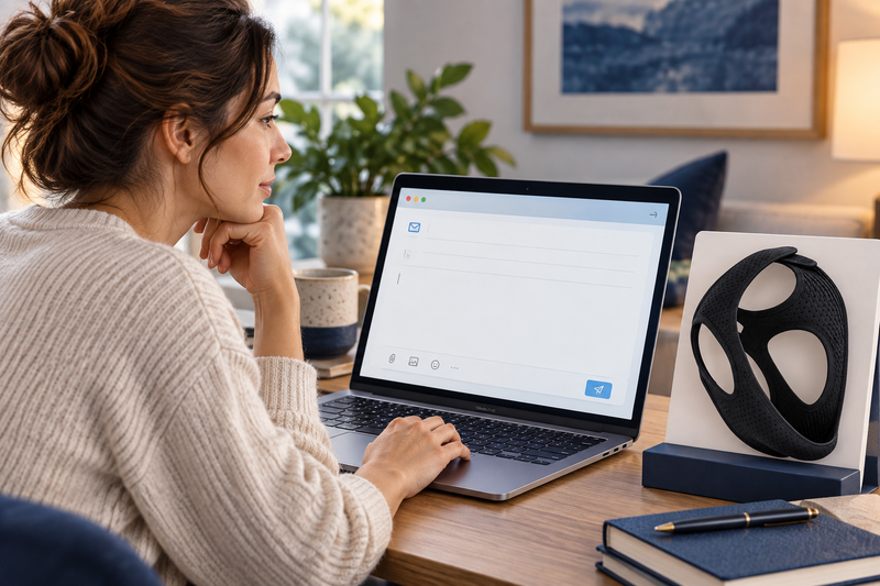 RestHaven editorial image: laptop with blank email window and strap product card beside it.