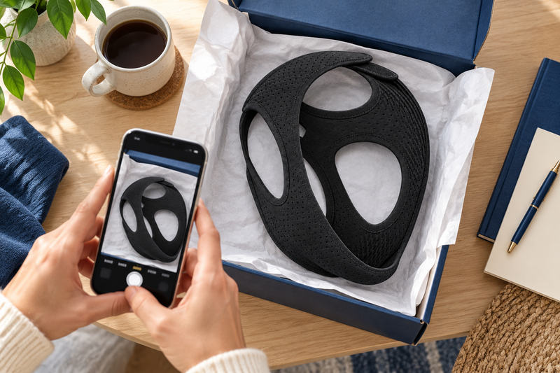 RestHaven editorial image: opened box with strap and phone ready to photograph the contents.