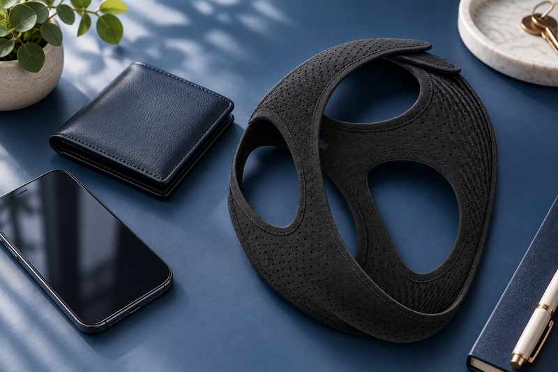 RestHaven editorial image: closed wallet and phone on a clean blue desk beside the strap.