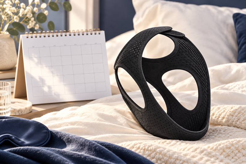 RestHaven editorial image: strap beside blank calendar and comfortable ivory bedding.