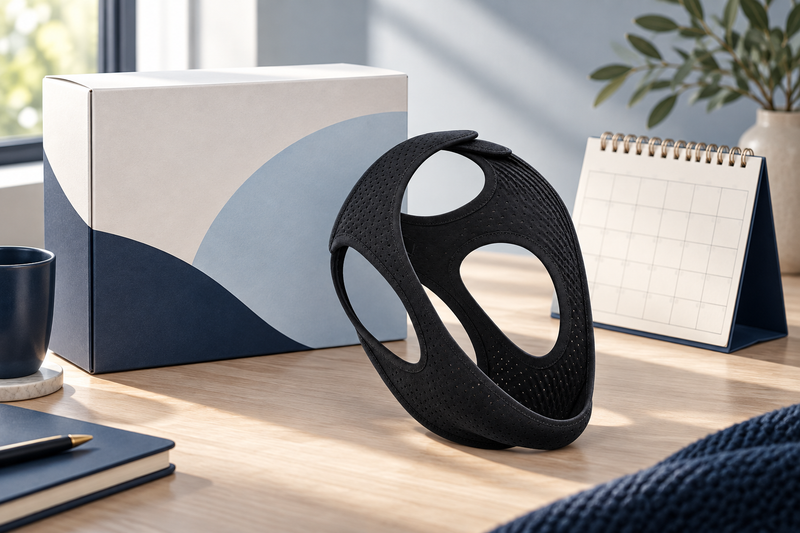 RestHaven editorial image: unopened package beside a blank desk calendar and strap.