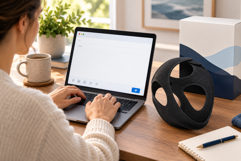 RestHaven editorial image: hands typing a blank email beside the strap and original box.