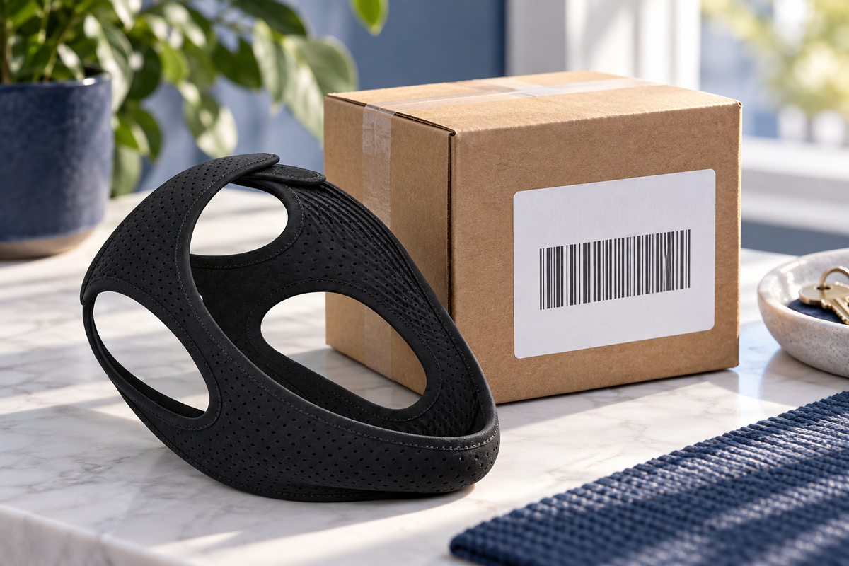 RestHaven editorial image: unmarked return label with abstract barcode facing away on a small box, strap nearby.