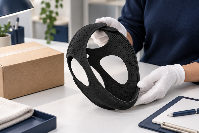 RestHaven editorial image: returned strap and plain parcel on a clean inspection table.