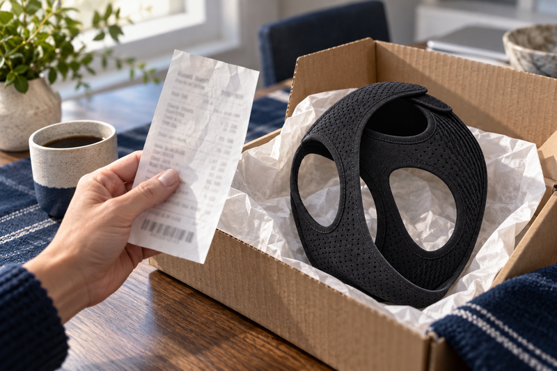 RestHaven editorial image: hand holding an unreadable receipt beside return parcel on table.
