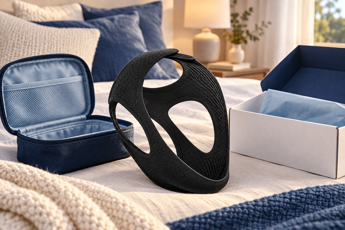 RestHaven editorial image: strap resting between an open travel pouch and a return box, peaceful bedroom backdrop.
