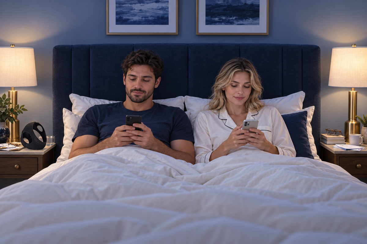 Staged couple scene before putting away the day’s devices.