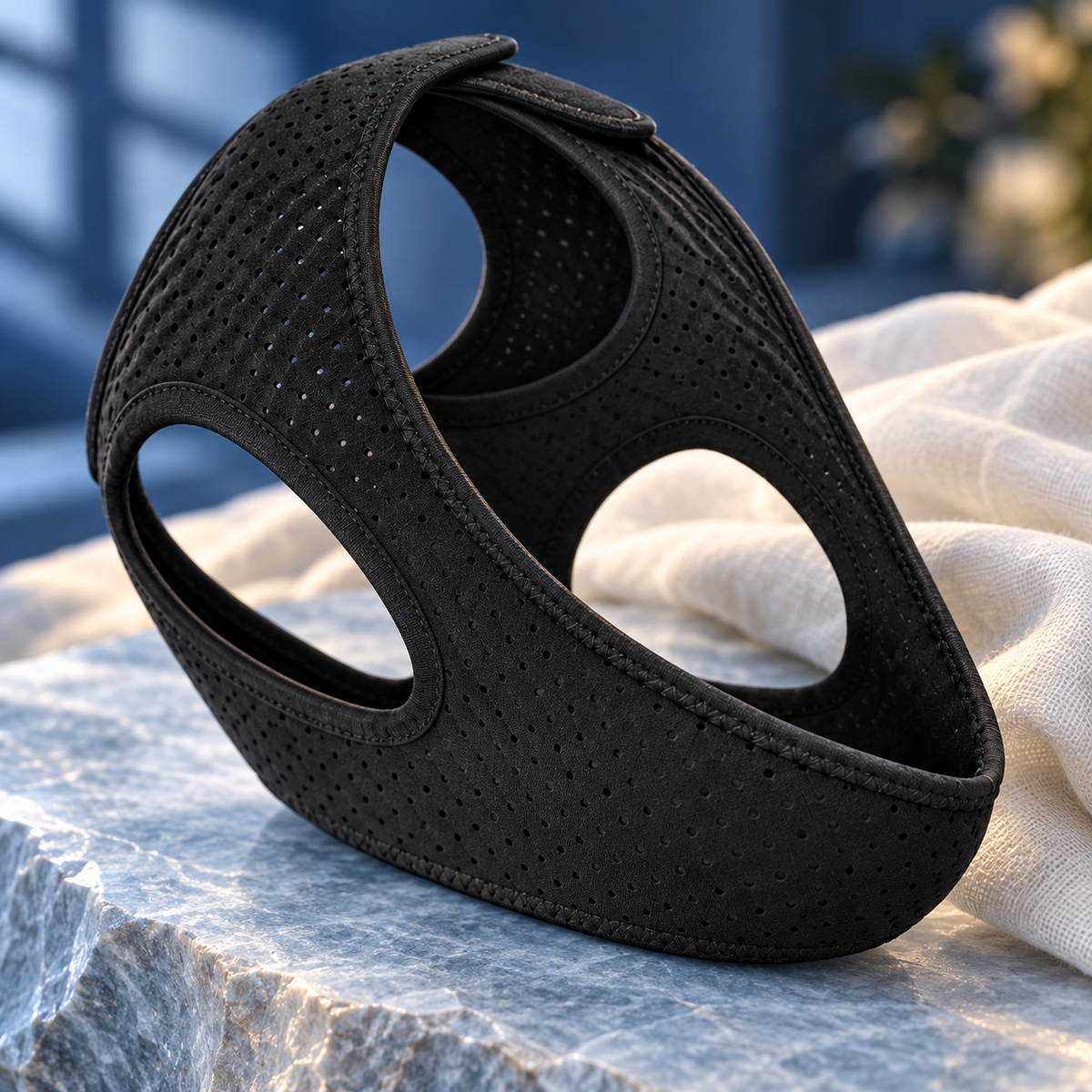 Close view of the black chin support fabric, ventilation holes, and stitched edge.
