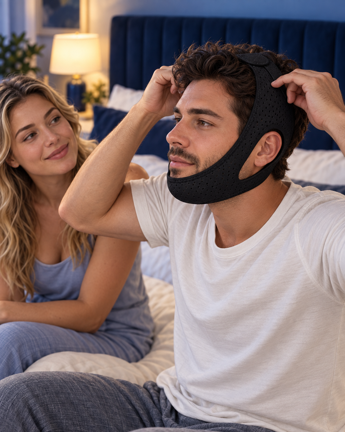 An awake adult checks the crown fastening of a black chin strap while their partner observes.