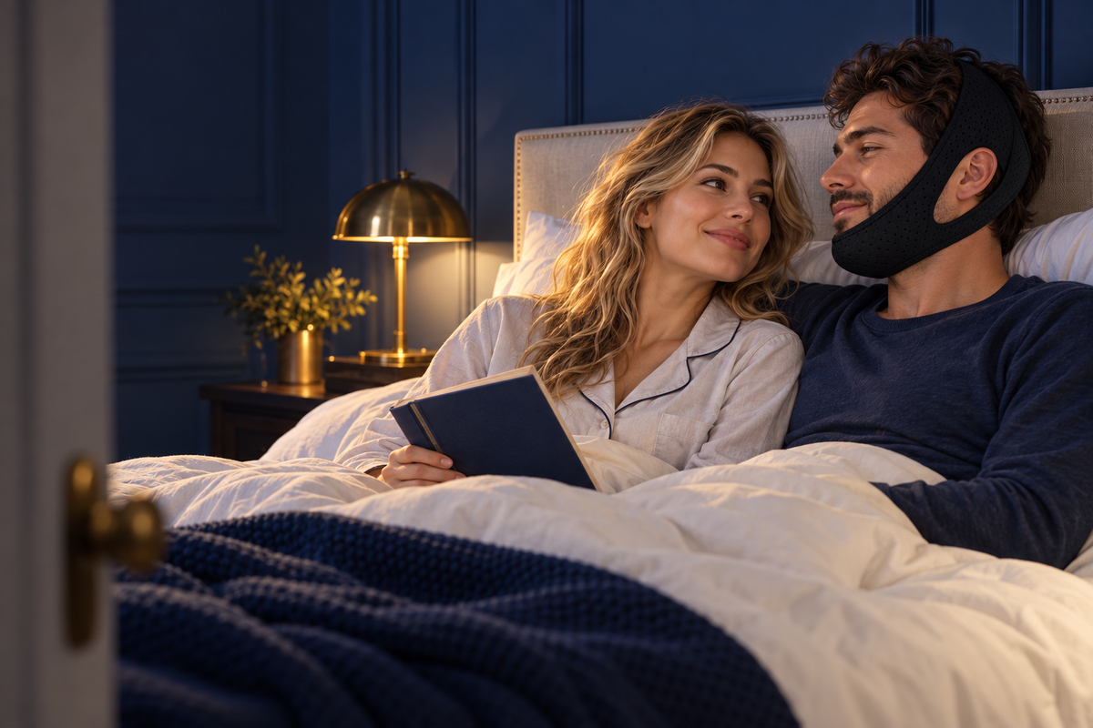 RestHaven lifestyle scene with a couple in a navy and ivory bedroom.