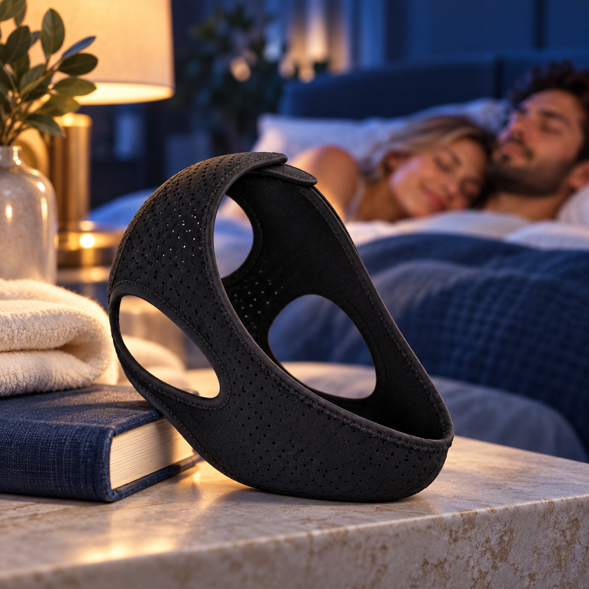 A black RestHaven strap beside a book and ivory linen in a softly lit bedroom.