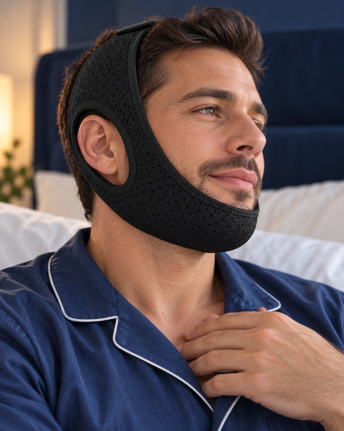 Side profile showing the open ear space and perforated fabric of a black RestHaven chin strap.
