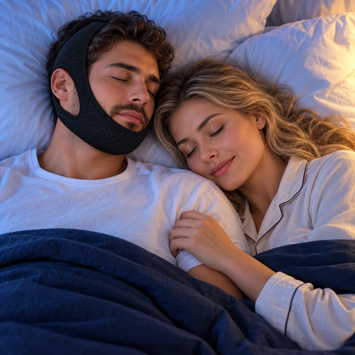 Overhead campaign view of an adult couple resting on ivory pillows, with the man wearing a black RestHaven chin strap.